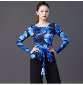 Blue floral printed ballroom latin dance tops for women girls waltz tango flamenco salsa rumba chacha dance shirt long sleeves blouses for lady